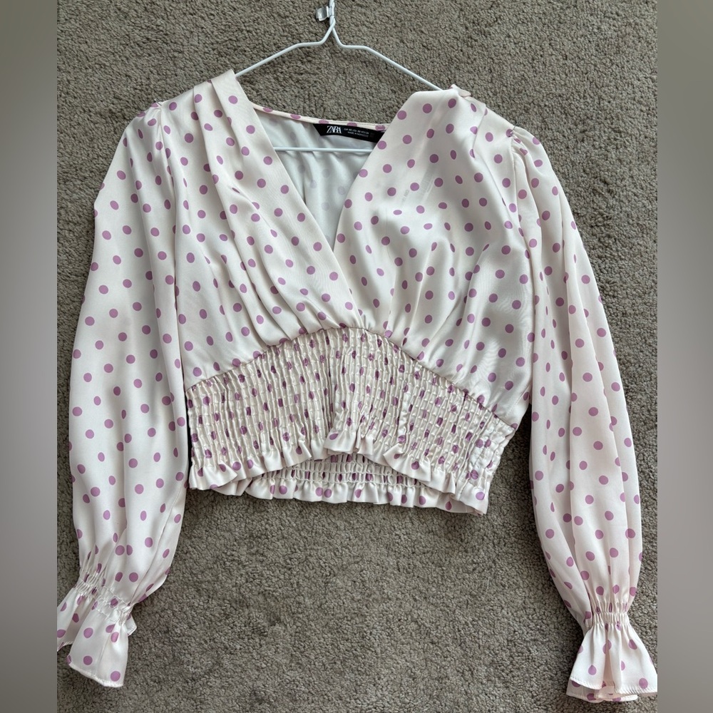 Zara Smocked Polka Dot Cropped Long Sleeve Blouse Size XS